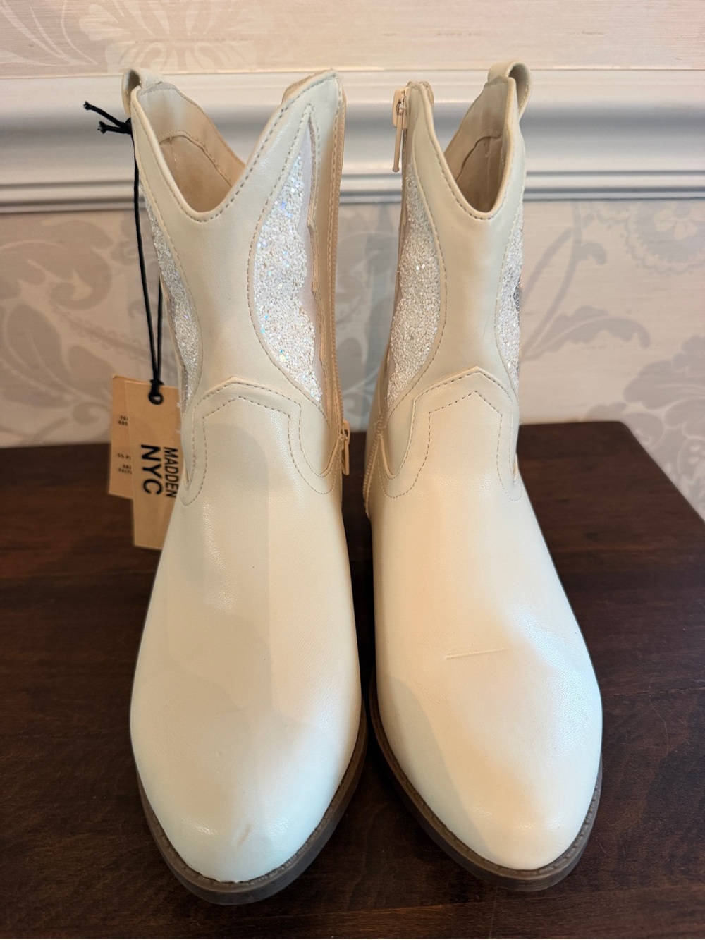 Steve Madden Cream Ankle Boots with Silver Glitter Insets